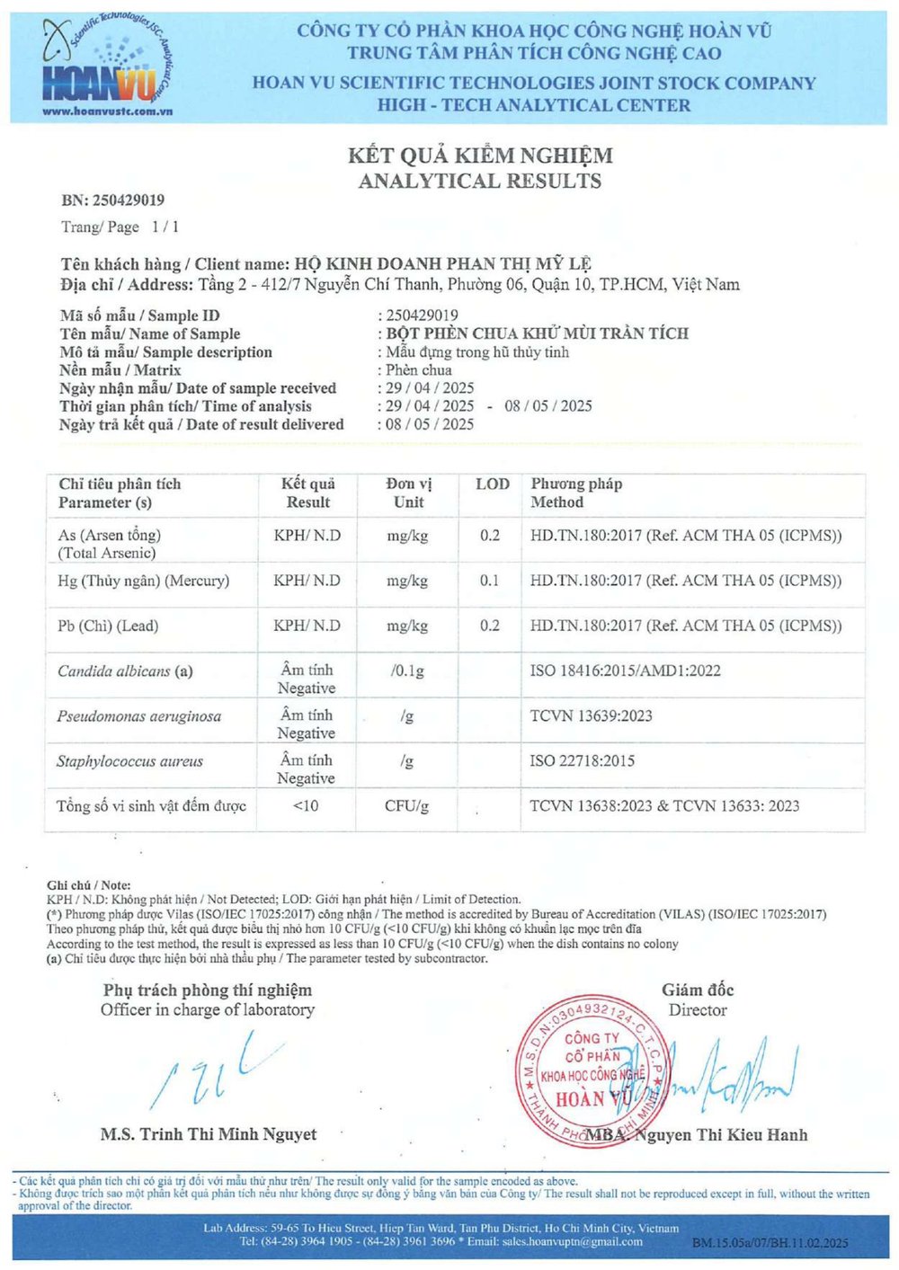 Kết quả kiểm nghiệm Bột Phèn Chua Khử Mùi Trần Tích - không phát hiện kim loại nặng, an toàn vi sinh